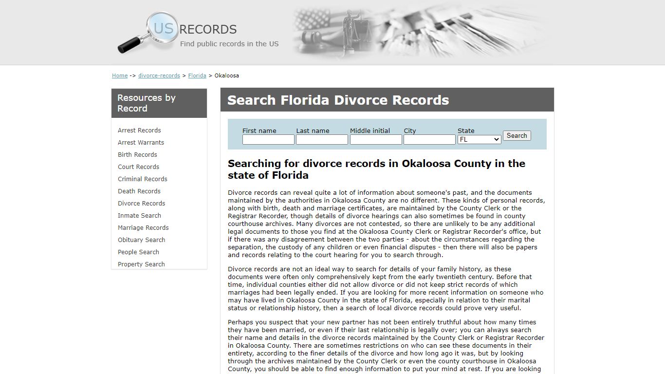 Search Divorce Records Okaloosa Florida | US Records